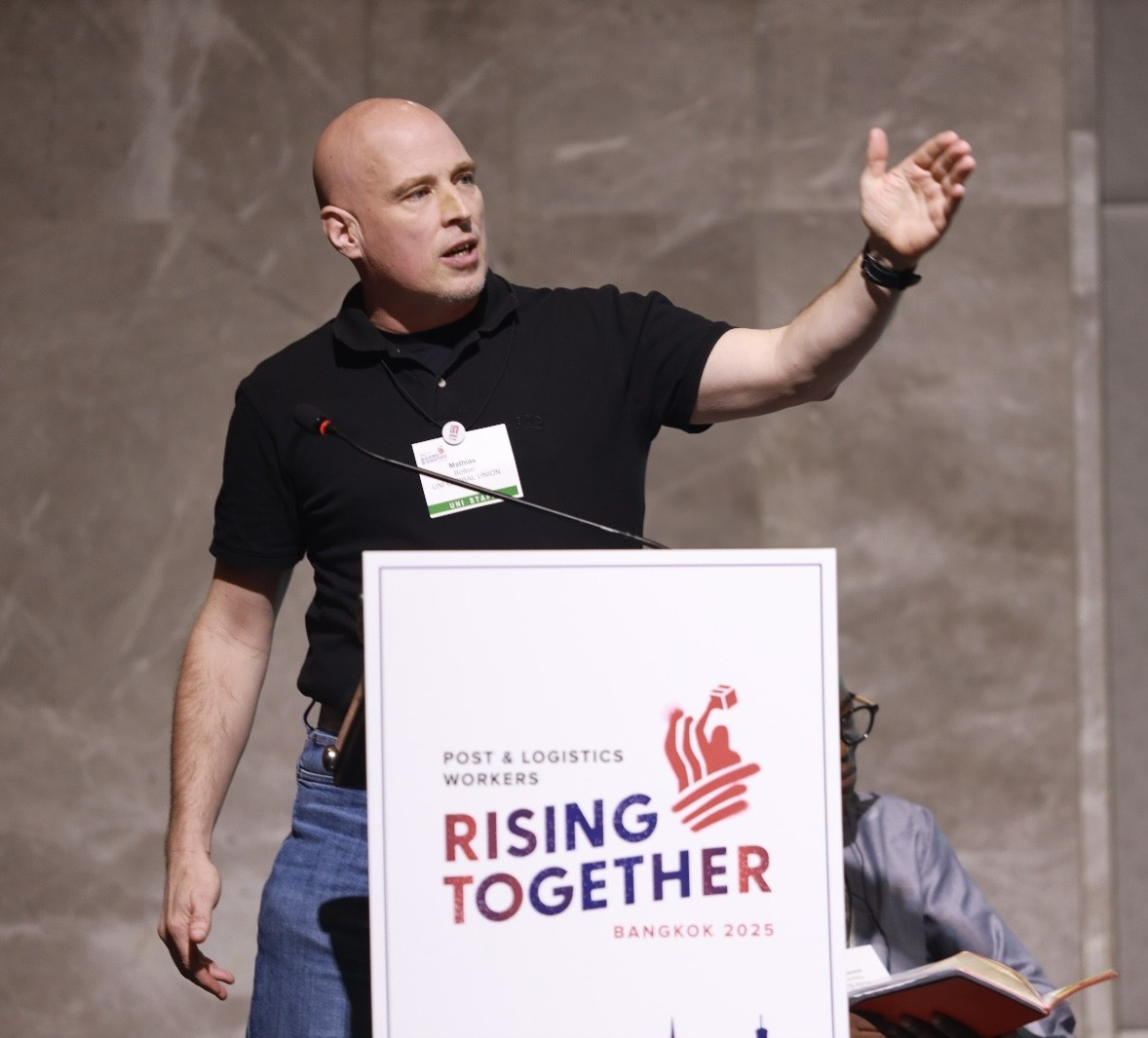 Mathias Bolton speaking at the UNI Post and Logistics Global Conference